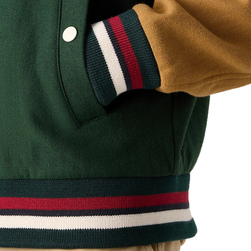 Aaron Wool Varsity Jacket - Dark Green & Cognac: Classic British Cool.