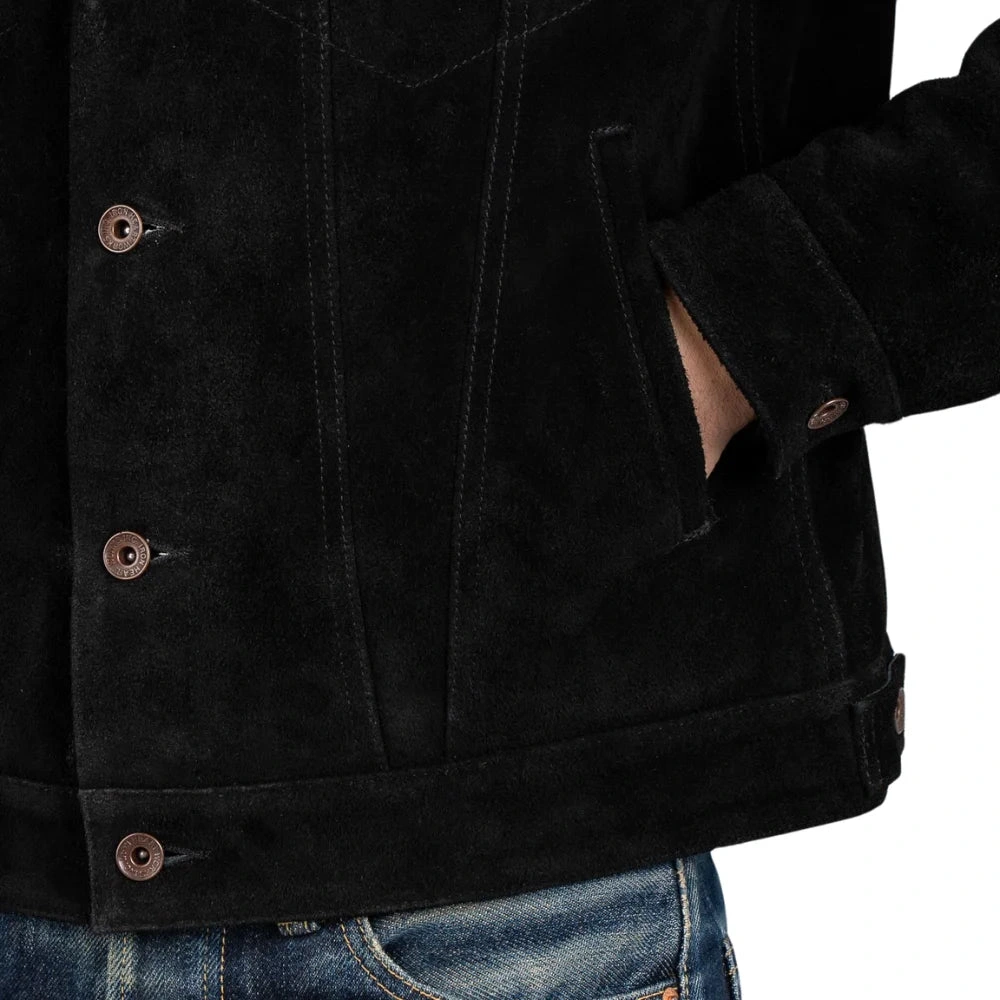 Black Suede Trucker: The Ultimate Bloke's Statement Jacket. Classic cool.